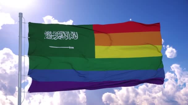 サウジアラビア虹の旗は深い美しい雲の空に対して風に振って — ストック動画