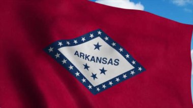 Arkansas bayrağı rüzgarda dalgalanıyor, mavi gökyüzü arka planı. 4K