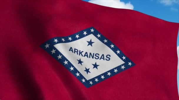 Флаг Арканзаса, размахивающий на ветру, голубое небо. 4K — стоковое видео
