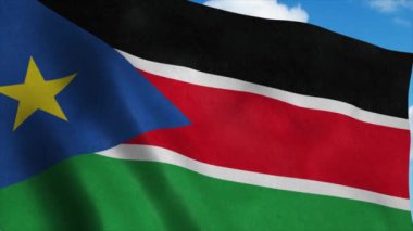 Rüzgarda dalgalanan Güney Sudan bayrağı, mavi gökyüzü arka planı. 4K