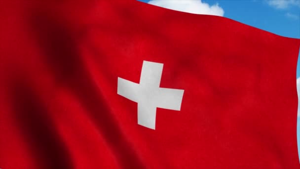 Die Schweizer Flagge weht im Wind, der Himmel ist blau. 4K — Stockvideo