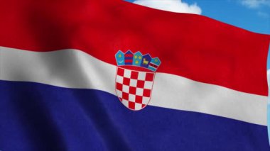 Hırvatistan bayrağı rüzgarda dalgalanıyor, mavi gökyüzü arka planı. 4K