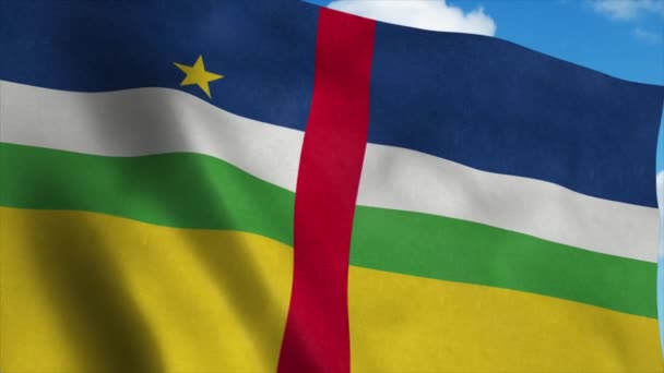 Centraal-Afrikaanse Republiek vlag wapperend in de wind, blauwe lucht achtergrond. 4K — Stockvideo