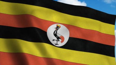 Rüzgarda dalgalanan Uganda bayrağı, mavi gökyüzü arka planı. 4K