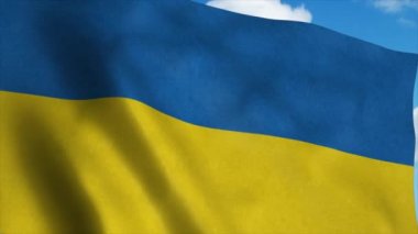 Rüzgarda dalgalanan Ukrayna bayrağı, mavi gökyüzü arka planı. 4K