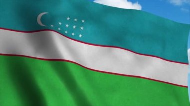 Rüzgarda dalgalanan Özbekistan bayrağı, mavi gökyüzü arka planı. 4K