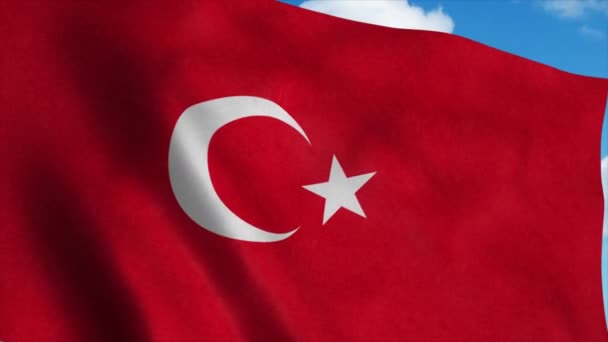 Turkije vlag wapperend in de wind, blauwe lucht achtergrond. 4K — Stockvideo