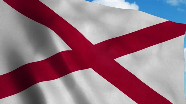 Bandeira do Alabama acenando ao vento, fundo azul do céu. Renderização 3d — Fotografia de Stock