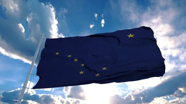 Bandiera dell'Alaska su un pennone che ondeggia nel vento nel cielo. Stato dell'Alaska negli Stati Uniti d'America. rendering 3d — Foto Stock