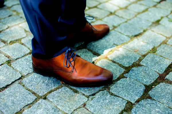 men's shoes, shoes for the groom, brown shoes, boots and trousers, the man stands on the paving slab, on the ground, on the asphalt
