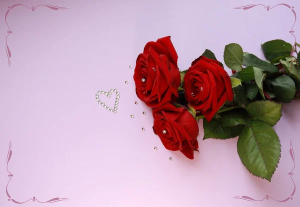 Roses Rouges Sur Fond Bleu Pour Carte Postale — Photo