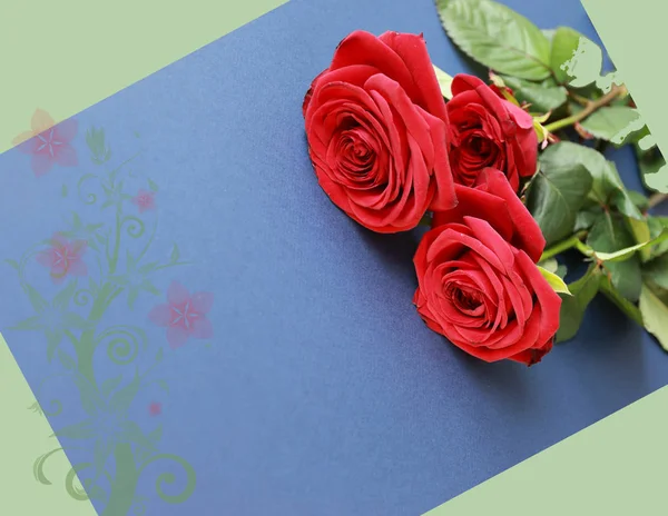 Rosas Rojas Sobre Fondo Azul Para Postal — Foto de Stock