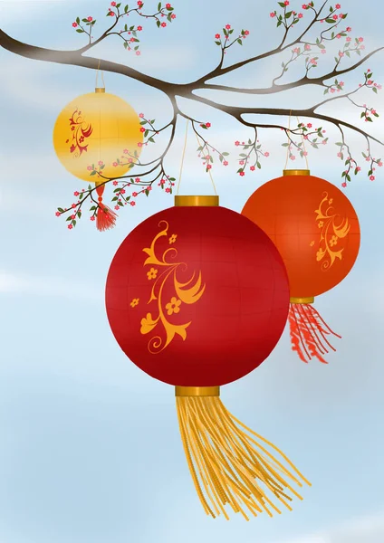 Chinese colored lanterns on a flowering tree, Sakura