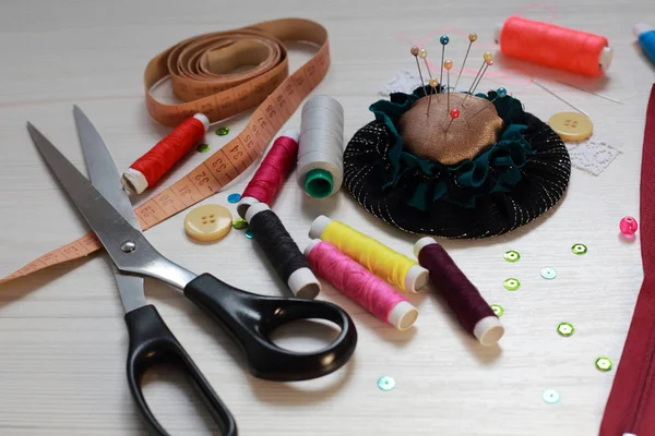 Sewing Set Threads Needles Scissors — Stock Photo, Image