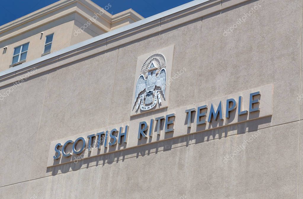 KNOXVILLE, TN/USA - JUNE 4, 2018: Scottish Rite Temple exterior and logo. The Scottish Rite is a fraternal organization and part of Free Masonry.
