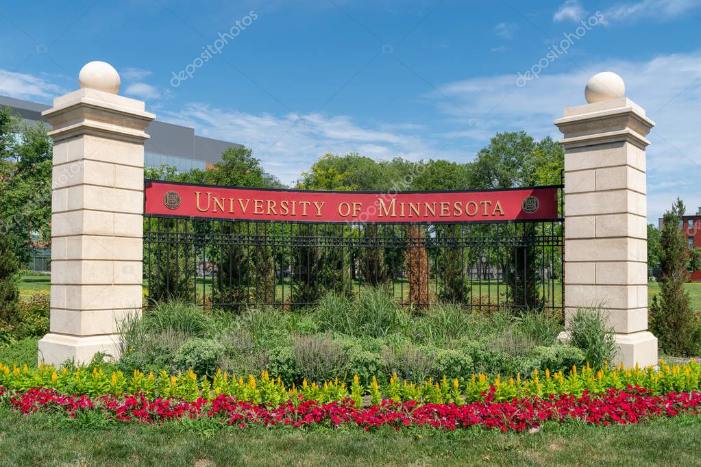 MINNEAPOLIS, MN/USA - JUNE 30, 2018: Entrance sign and garden near Stadium Village on the east bank of the University of Minnesota.