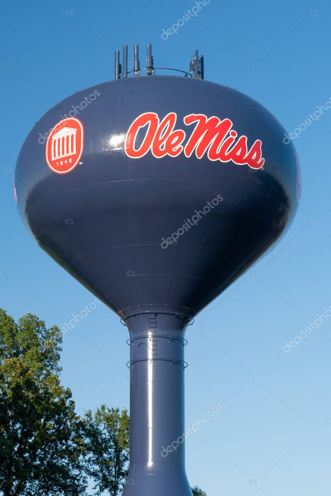 OXFORD, MS/USA - JUNE 6, 2018: Campus logo on watertower over the campus of the University of Mississippi.