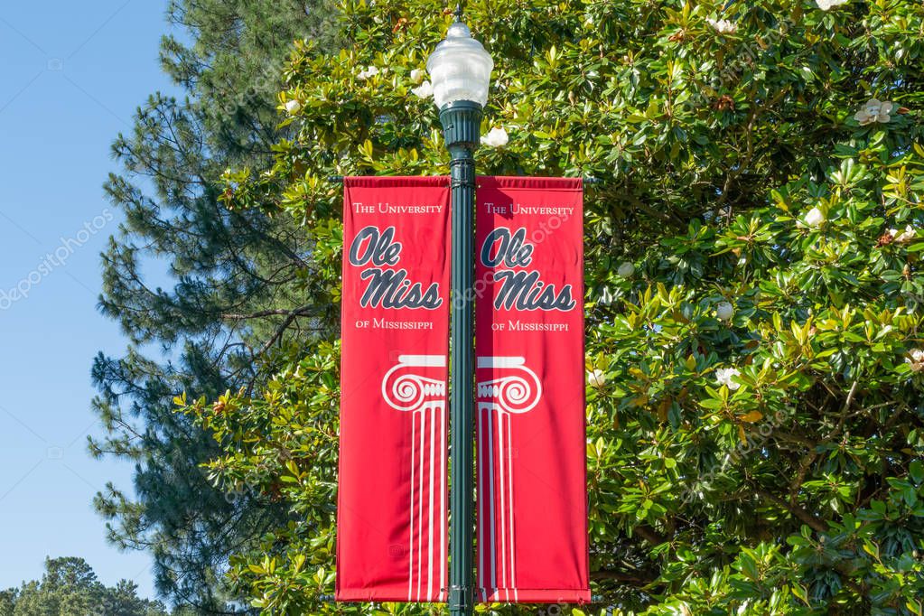OXFORD, AS/USA - JUNE 7, 2018: Banner and logo to the campus of the University of Mississippi.