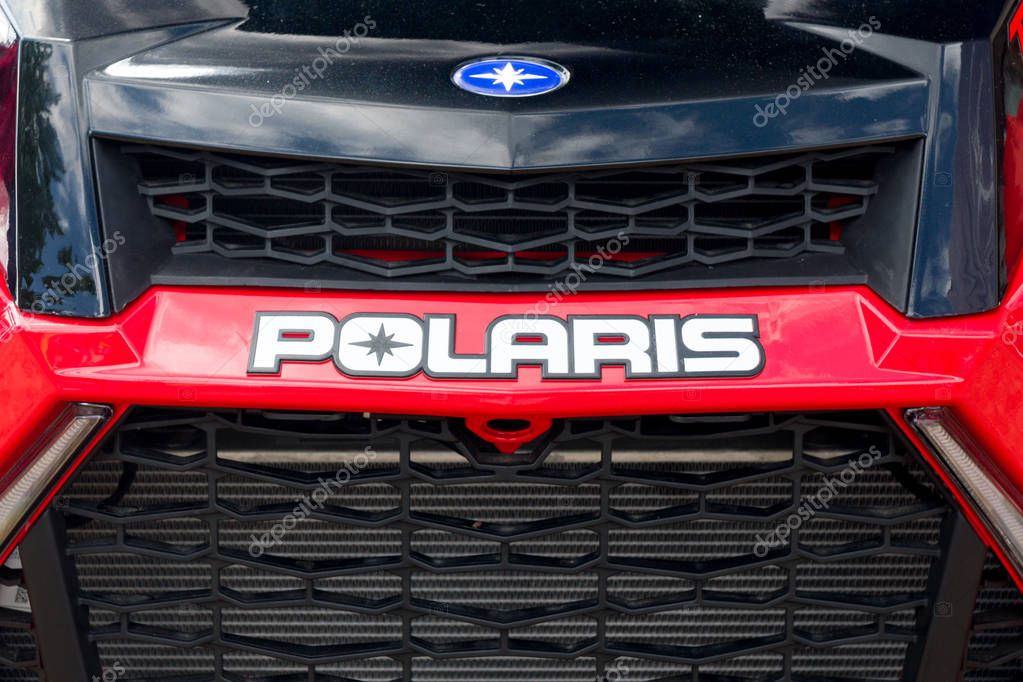 ST. PAUL, MN/USA - AUGUST 29, 2018: Polaris all terrain vehicle detail and trademark logo. Polaris Industries is an American manufacturer of snowmobiles, ATV, and neighborhood electric vehicles.