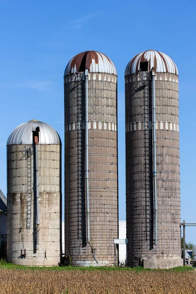 Tres Silos Erosionados Contra Cielo Azul Zona Rural Estados Unidos —  Fotos de Stock