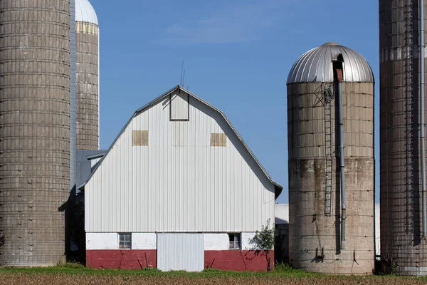 美国农村蓝天下的风化筒仓和谷仓 — 图库照片