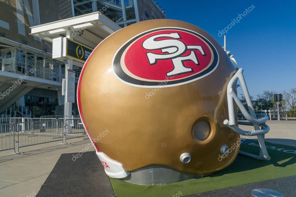 SANTA CLARA, CA/USA - OCTOBER 20, 2018:  San Francisco 49ers life size helmet outside Levi's Stadium.
