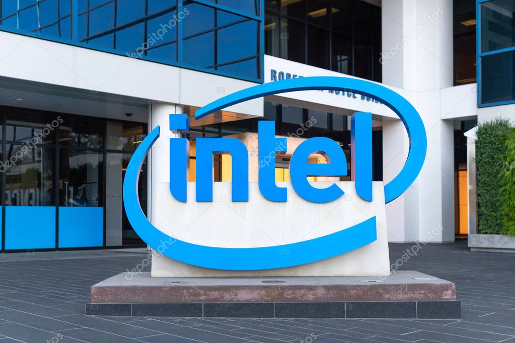 SANTA CLARA, CA/USA - OCTOBER 20, 2018: Intel corporate offices and trademark logo.
