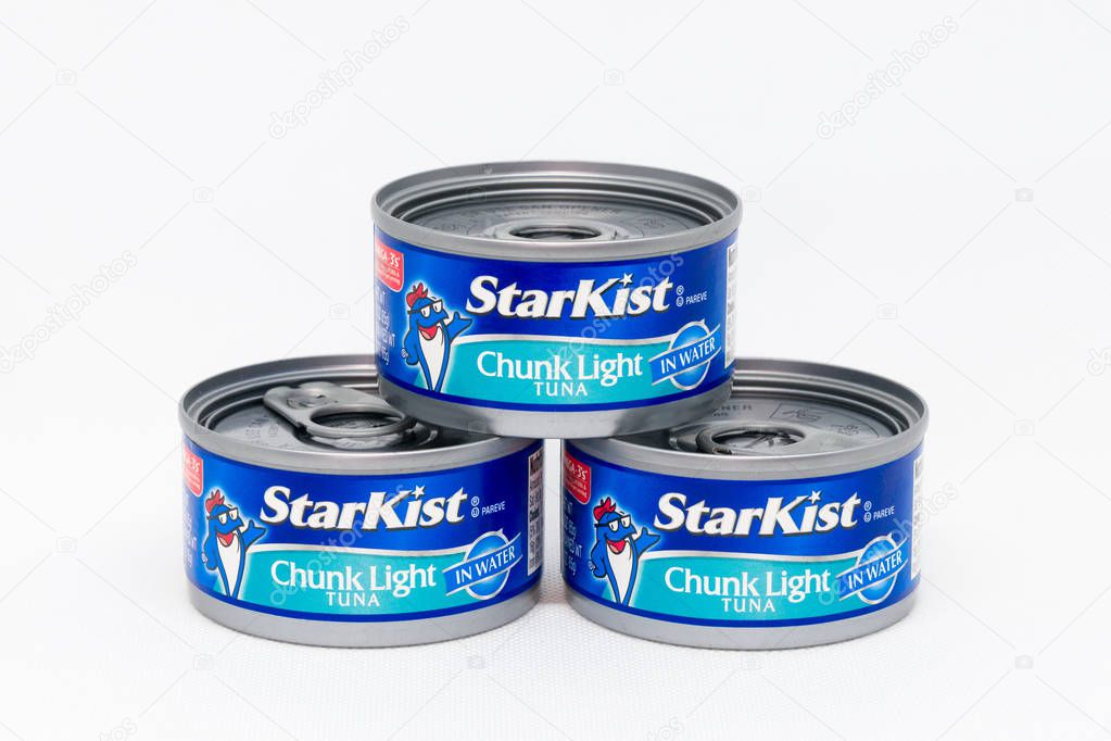 ST. PAUL, MN/USA - JANUARY 29, 2019: Starkist Chunk Light tuna in grouping of three. StarKist Tuna is the name of a brand of tuna that is produced by StarKist Co.