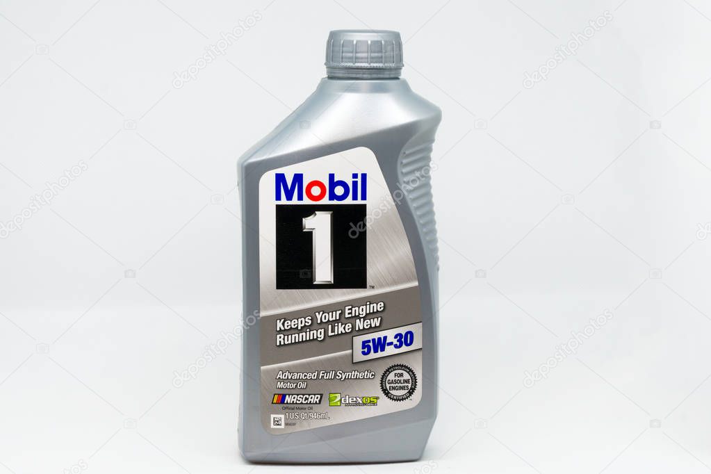 ST. PAUL, MN/USA - JANUARY 27, 2019: Mobil 1synthetic motor oil container. Mobil 1 is a brand of synthetic motor oil and other automotive lubrication products.
