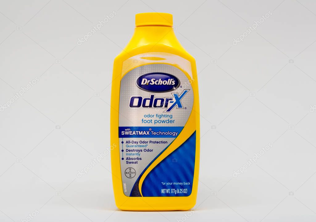 ST. PAUL, MN/USA - FEBRUARY 16, 2019: Dr. Scholl's foot powder and trademark logo. Dr. Scholl's is a footwear and foot care brand owned by Bayer.
