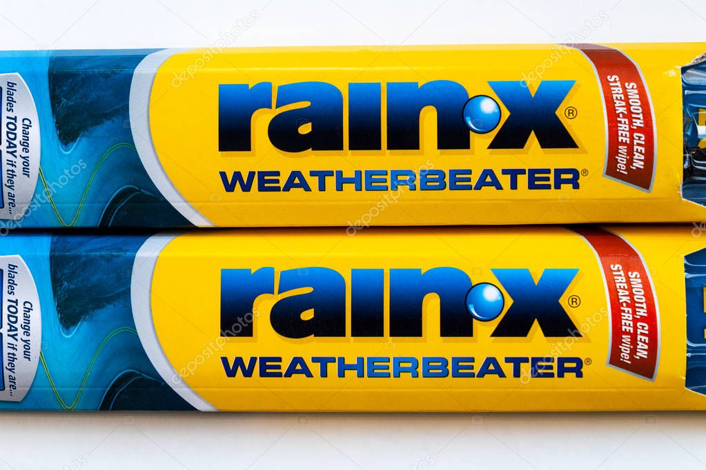 ST. PAUL, MN/USA - FEBRUARY 21, 2019: Rain-X Weatherbeater windshield wiper blades and trademark logo. Rain-X is a brand of automobile replacement parts and chemicals.