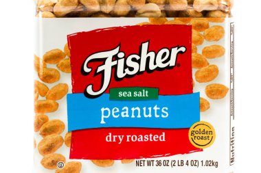 Fisher kuru kavrulmuş fıstık konteyner ve ticari marka logosu