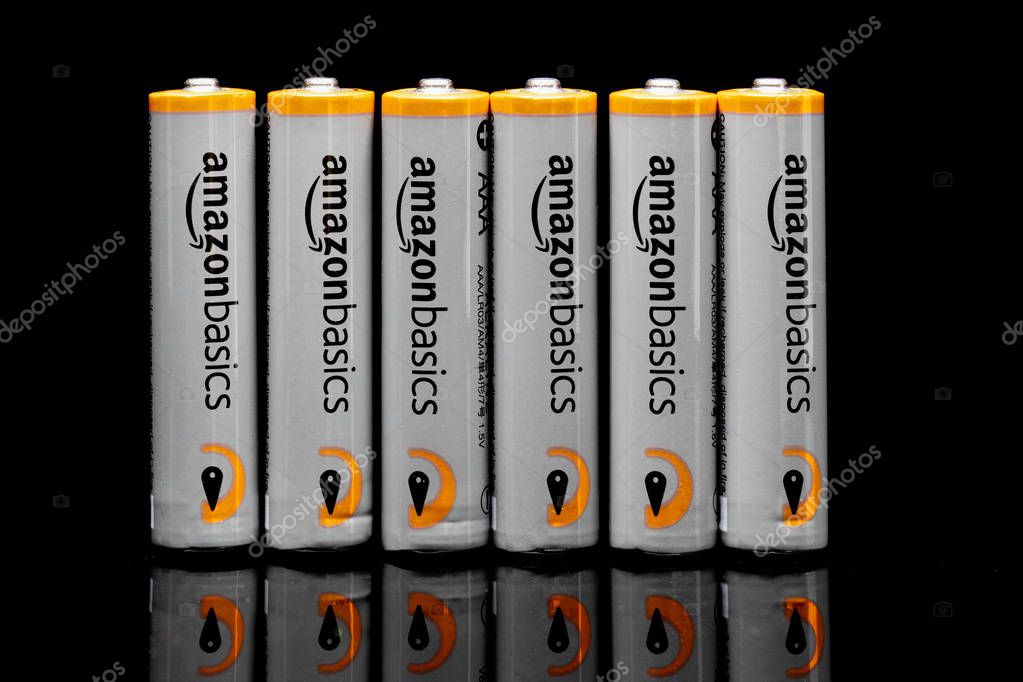 ST. PAUL, MN/USA - MARCH 18, 2019: AmazonBasics grouping of AAA batteries. AmazonBasics is a private-label that offers home goods, office supplies, and tech accessories.