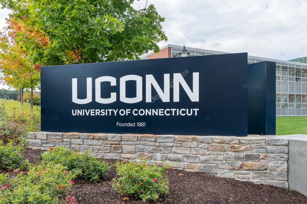 STORRS, CT/USA - SEPTEMBER 26, 2019: Entrance and sign to the University Connecticut.