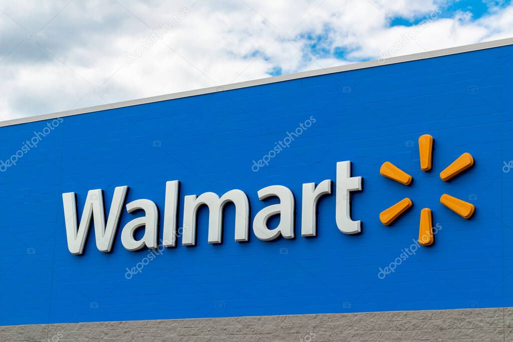 NEW RICHMOND, WI/USA - AUGUST 1, 2020: Walmart retail store exterior and trademark logo.