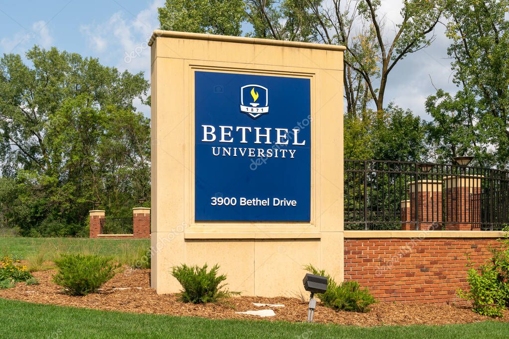 ARDEN HILLS, MN/USA - AUGUST 23, 2020: Bethel University entrance and campus logo.