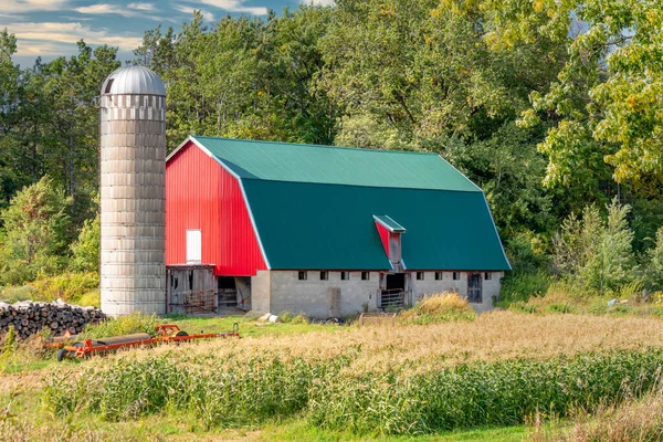 Red Istálló Siló Erdő Háttér Wisconsin Egyesült Államok — Stock Fotó