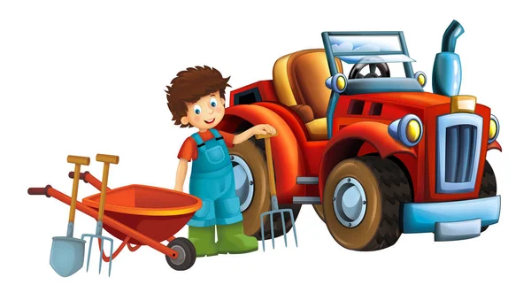 Escena Dibujos Animados Niña Cerca Carretilla Tractor Coche Para Diferentes —  Fotos de Stock