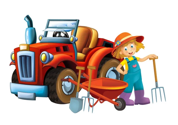 Escena Dibujos Animados Niña Cerca Carretilla Tractor Coche Para Diferentes — Foto de Stock