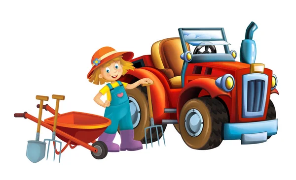 手押し車とトラクター 異なった仕事のための車 農業ツール イラスト子供のため近くのシーン漫画少女 — ストック写真