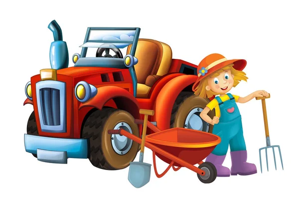 卡通场景年轻女孩在独轮车和拖拉机附近 汽车为不同的任务 农具例证为孩子 — 图库照片