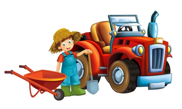 Cartoon Szene Junges Mädchen Der Nähe Von Schubkarre Und Traktor — Stockfoto