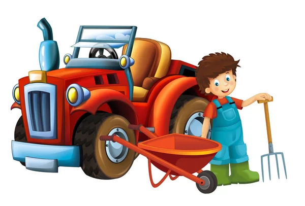 卡通场景年轻女孩在独轮车和拖拉机附近 汽车为不同的任务 农具例证为孩子 — 图库照片