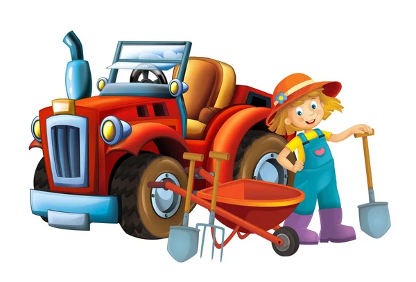 Dessin Animé Jeune Fille Près Brouette Tracteur Voiture Pour Différentes — Photo