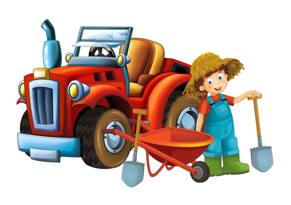 Escena Dibujos Animados Niña Cerca Carretilla Tractor Coche Para Diferentes —  Fotos de Stock