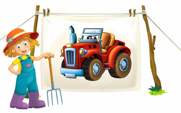 Cartoon Szczęśliwy Zabawny Scena Gospodarstwa Ciągnikiem Rolnicze Białym Tle Samochód — Zdjęcie stockowe