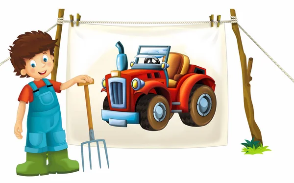 Dibujos Animados Feliz Divertida Escena Granja Con Tractor Agrícola Sobre —  Fotos de Stock