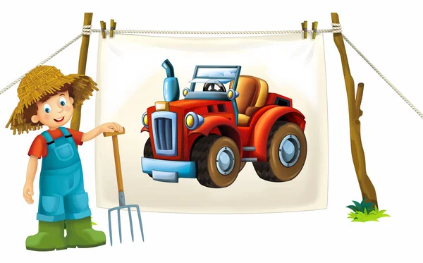 Cartoon Happy Funny Farm Scene Farming Tractor White Background Car — Stock Photo, Image