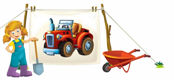 Cartoon Szczęśliwy Zabawny Scena Gospodarstwa Ciągnikiem Rolnicze Białym Tle Samochód — Zdjęcie stockowe