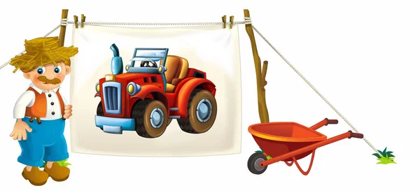 卡通快乐和有趣的农场场景与农业拖拉机在白色背景 汽车为不同的任务 插图为儿童 — 图库照片
